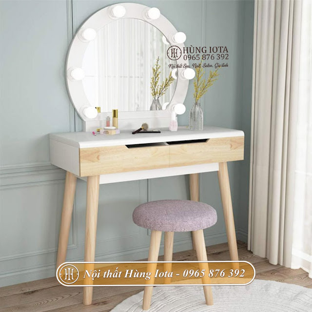 Bàn trang điểm decor giá rẻ gương tròn có đèn