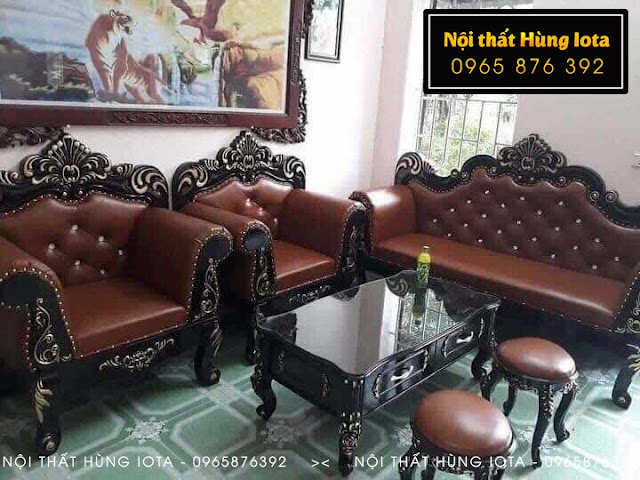 Sofa tân cổ điển màu nâu đen bọc da cao cấp