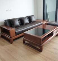 Sofa gỗ óc chó đệm da màu đen hiện đại SFOC02