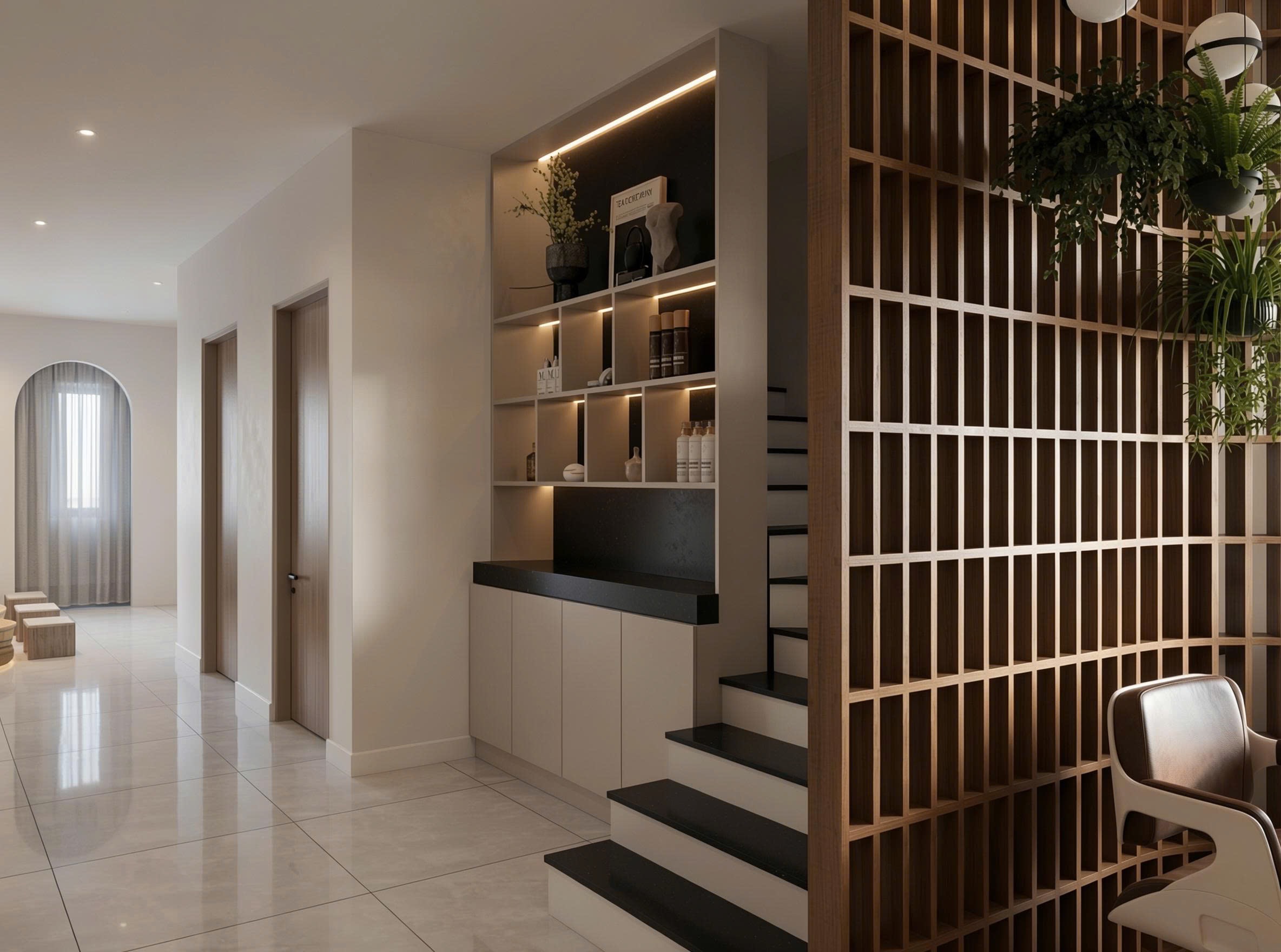 Thiết kế vách ngăn spa màu nâu kem đẹp