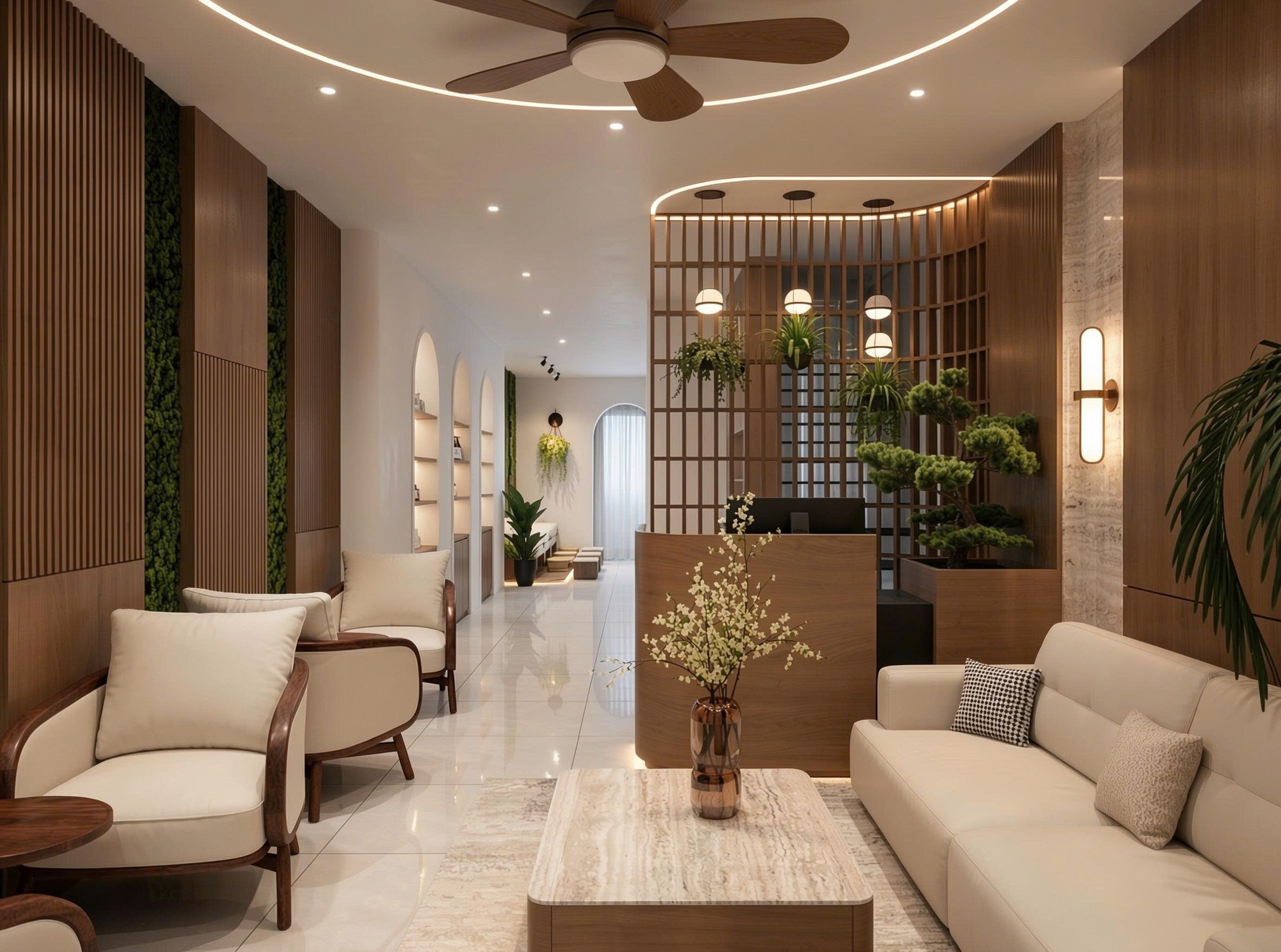 Thiết kế phòng khách spa đẹp màu nâu kem