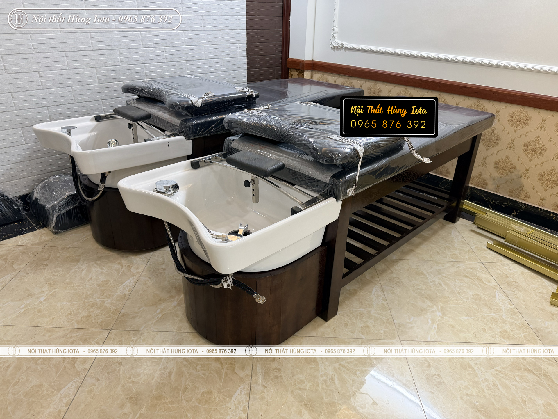 Giường gội đầu màu đen ở Mỹ Đình bồn sứ chắc chắn